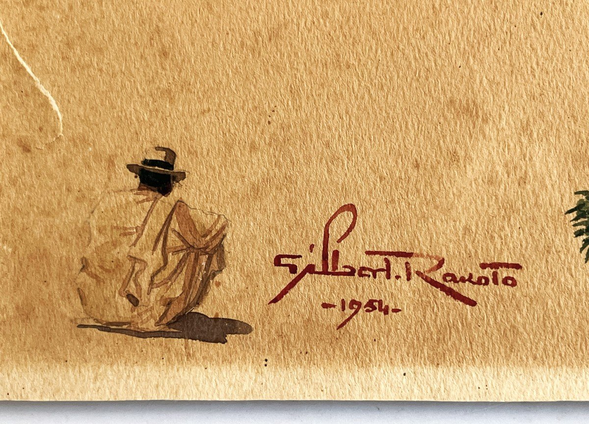Gilbert Rakoto école Malgache "scène De Marché à Madagascar Datée 1954 Aquarelle-photo-3