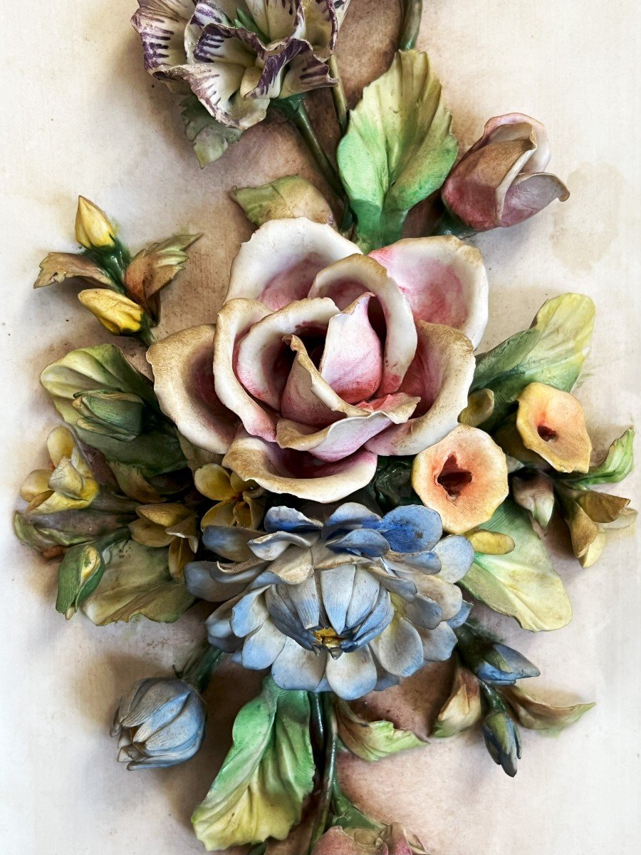 Large 19th Century Polychrome Biscuit Porcelain Relief Flower Plaque-photo-2