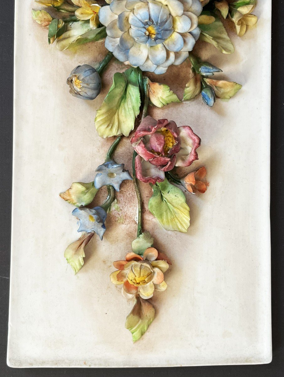 Large 19th Century Polychrome Biscuit Porcelain Relief Flower Plaque-photo-3