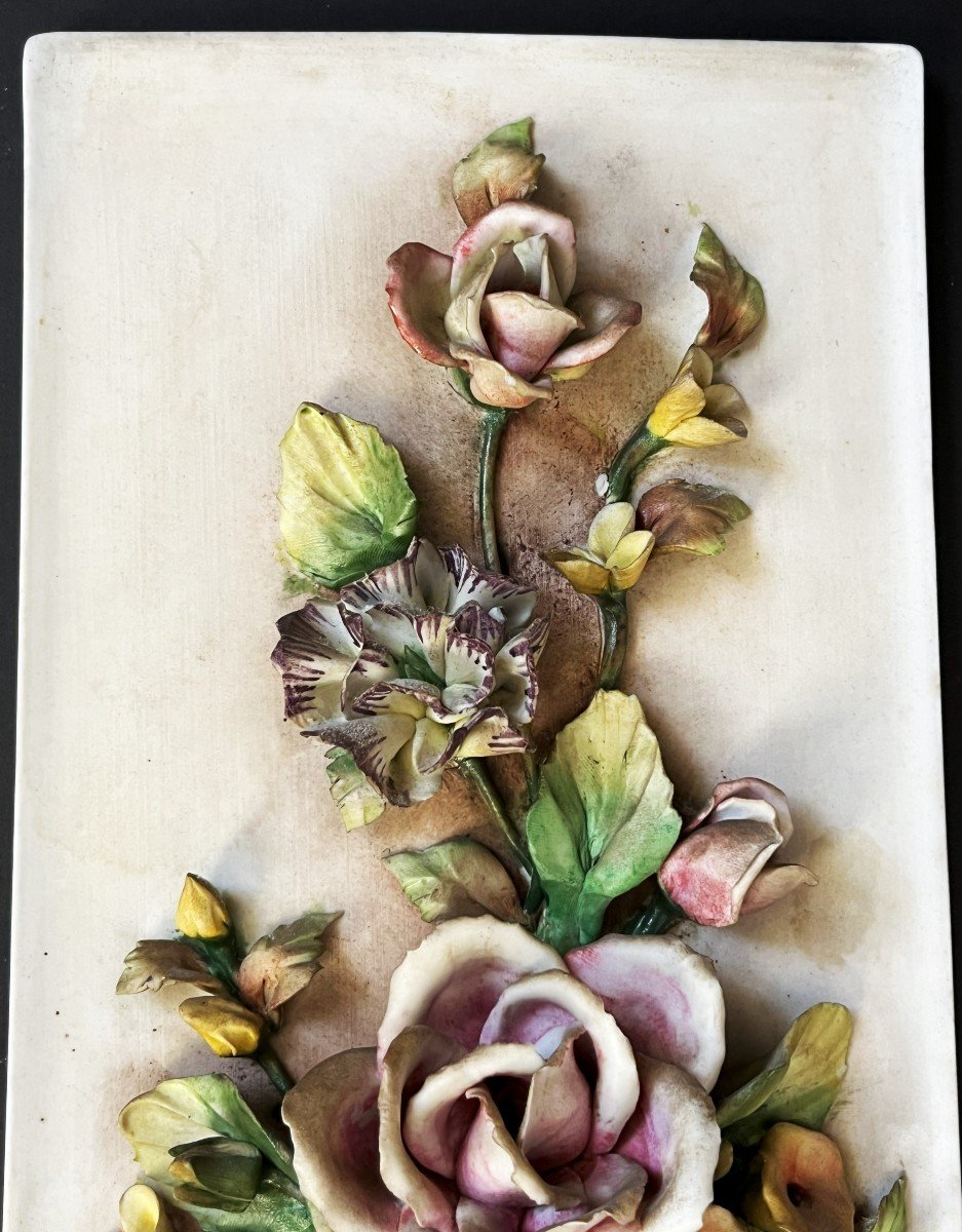 Large 19th Century Polychrome Biscuit Porcelain Relief Flower Plaque-photo-5