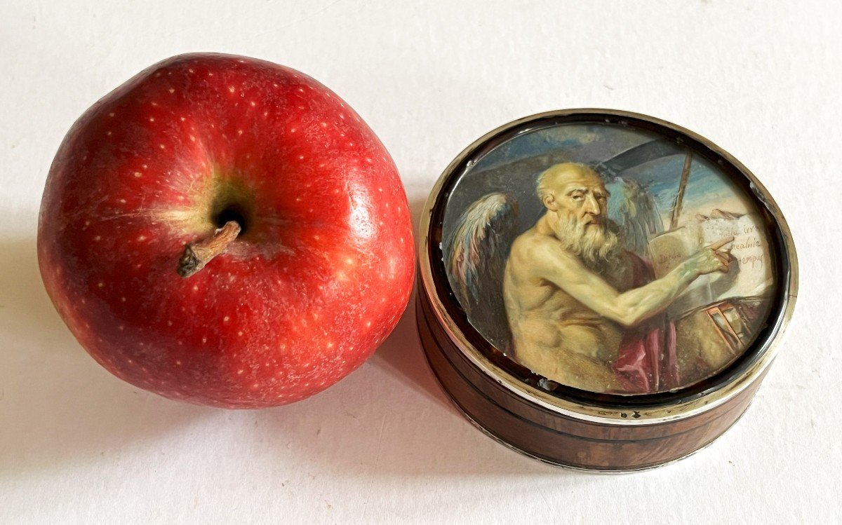 Grande Miniature Début 19ème," Chronos" Couvercle De Boite, bois, argent et écaille.-photo-8