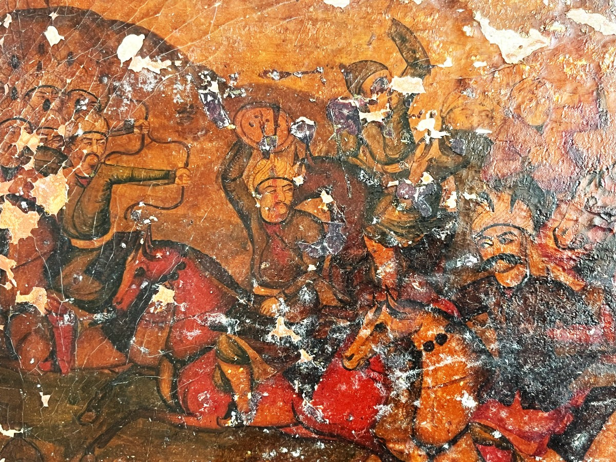 Grande Peinture Kadjar, Perse Du 19ème, Scène De Bataille-photo-3