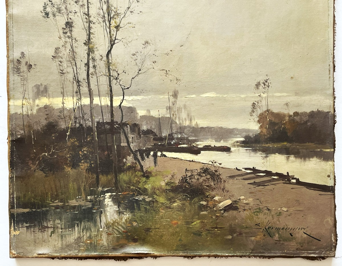 Eugène Gallien Laloue 1854/1941 Bords de Seine en hiver, huile sur toile-photo-3