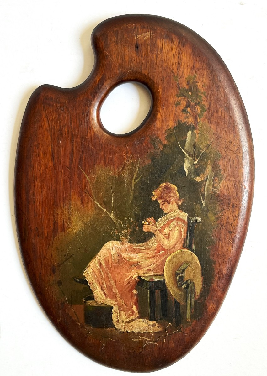 Pair Of 19th Century Painted Palettes "muscadin And Elegant"-photo-3