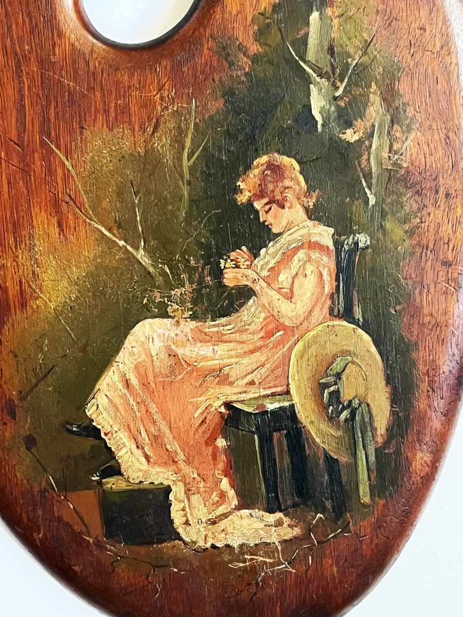 Pair Of 19th Century Painted Palettes "muscadin And Elegant"-photo-1