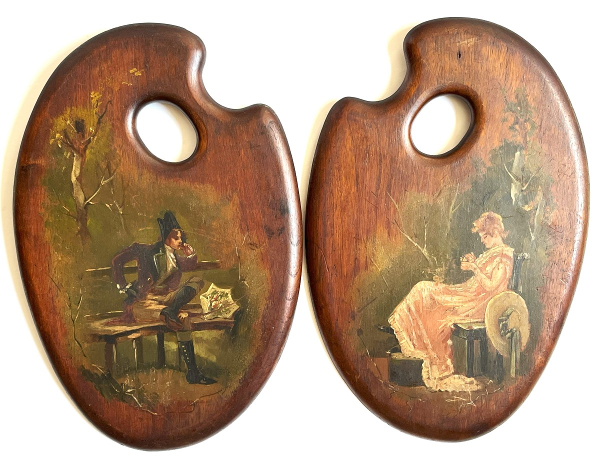 Pair Of 19th Century Painted Palettes "muscadin And Elegant"-photo-2