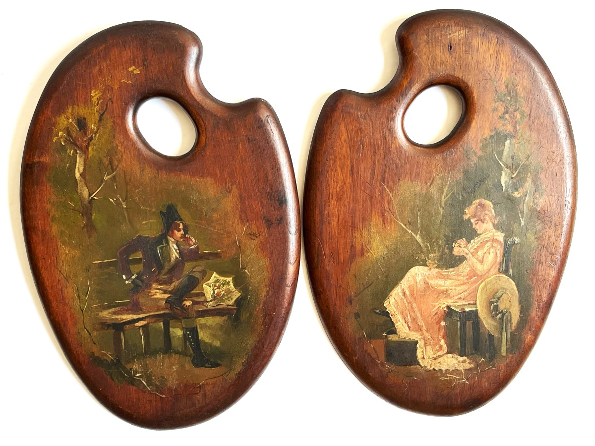 Pair Of 19th Century Painted Palettes "muscadin And Elegant"