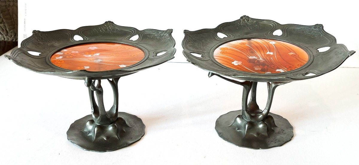 Val Saint Lambert et Orivit, paire de coupes Art Nouveau 