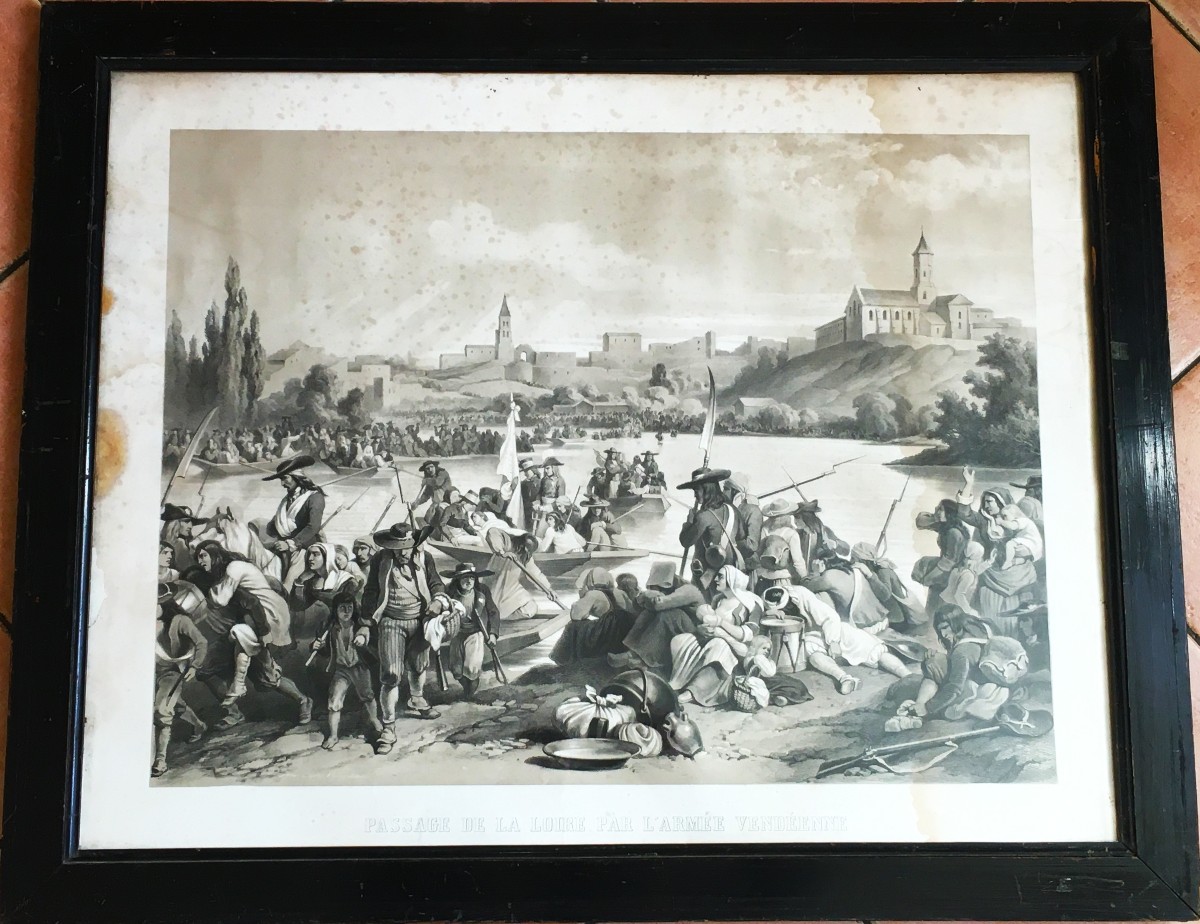 Wars Of The Vendée, "crossing The Loire..." Large 19th Century Lithograph, Lemercier Printing House