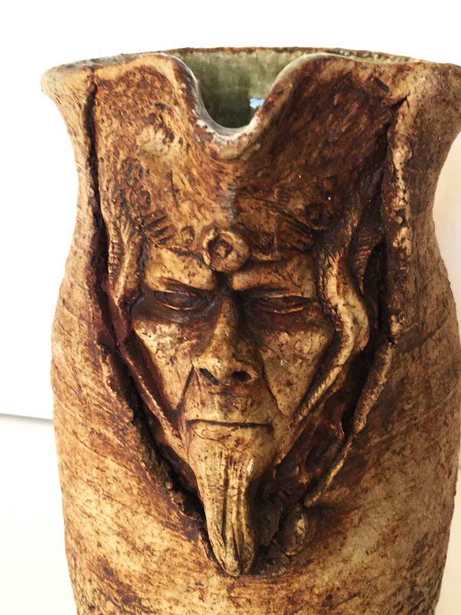 Stoneware Pitcher "mephistopheles", The Devil, From The 50s/60s, Signature To Be Identified-photo-3