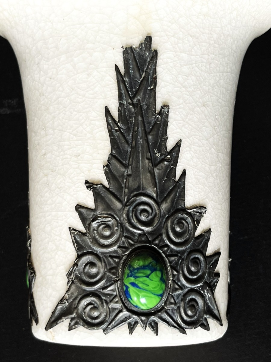 Boch La Louvière, vase Art Nouveau en céramique, étain et cabochons.-photo-4