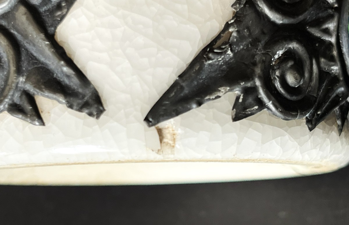 Boch La Louvière, vase Art Nouveau en céramique, étain et cabochons.-photo-6