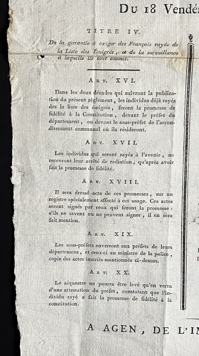 Consulat, an 9, affiche relative aux émigrés, révolution Française, Bonaparte-photo-3