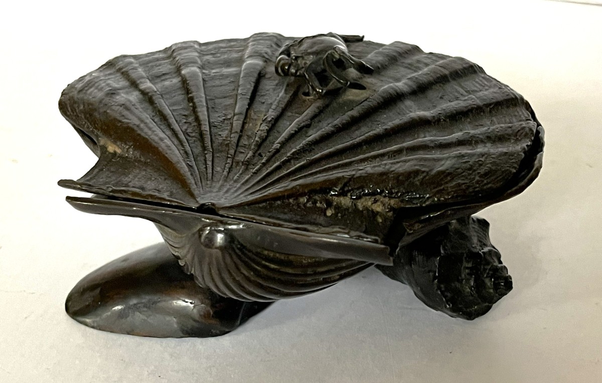 Japon Meiji, boite aux coquillages et au crabe en bronze, signée, 19ème siècle-photo-7