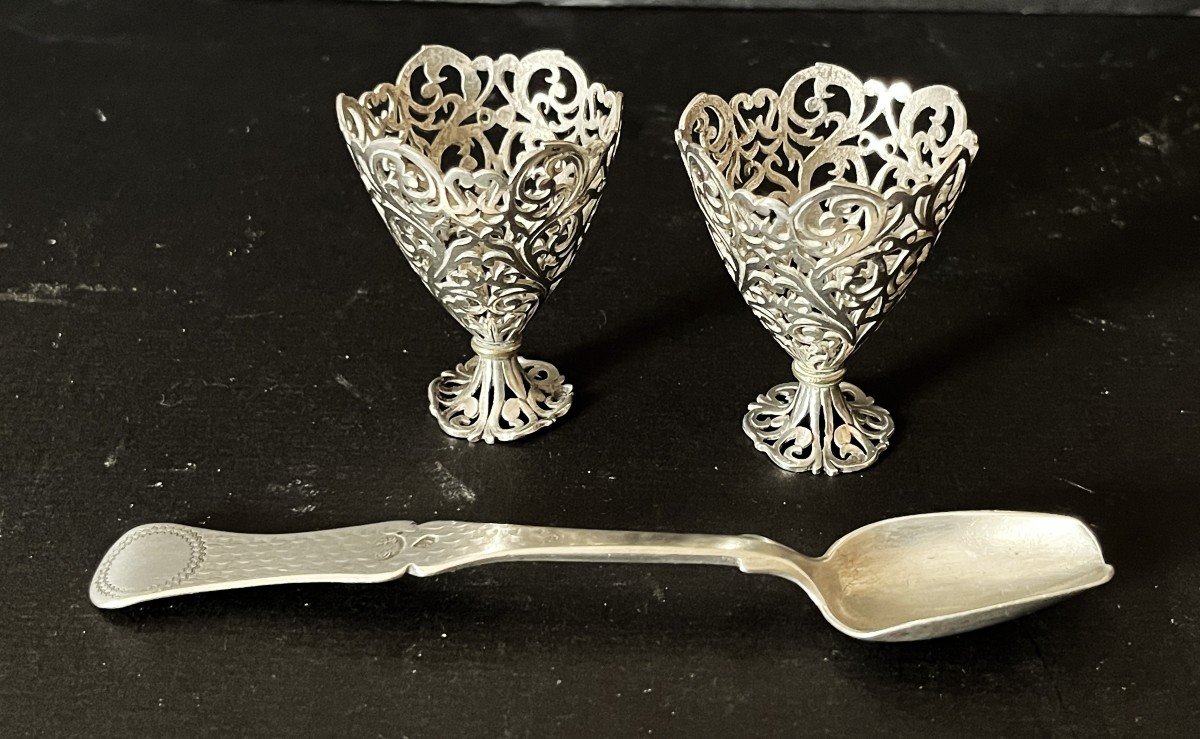 Two Zarf And A Silver Spoon From 19th-century Ottoman Türkiye, With Tugras Hallmarks To Be Identified.