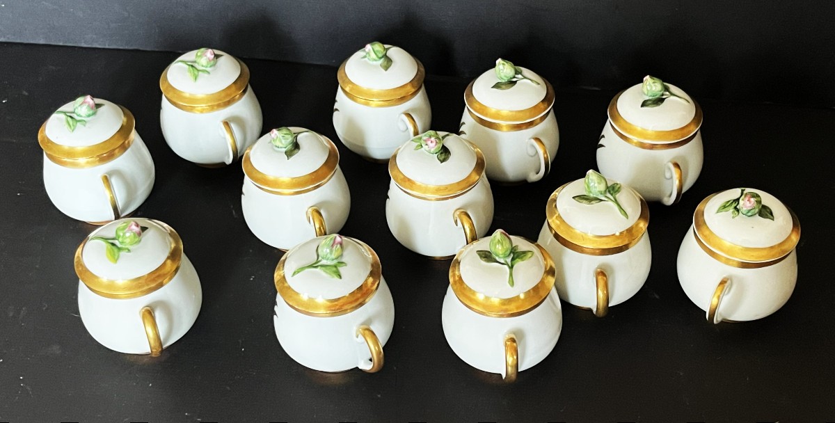 Set Of 12 Early 20th-century Porcelain Cream Pots, Hand-decorated-photo-3