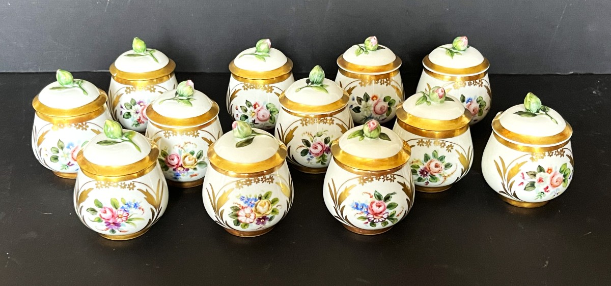 Set Of 12 Early 20th-century Porcelain Cream Pots, Hand-decorated