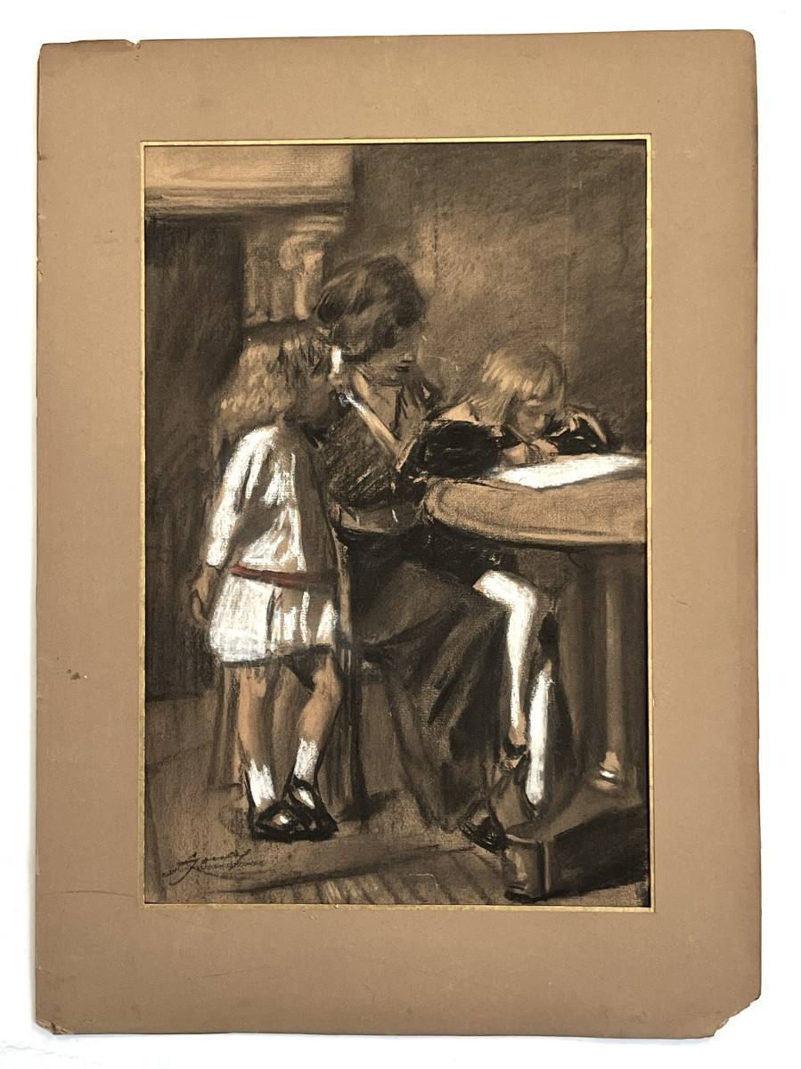 Lucien Jonas 1880/1947 The Writing Lesson, Charcoal And Gouache Drawing Circa 1900-photo-2