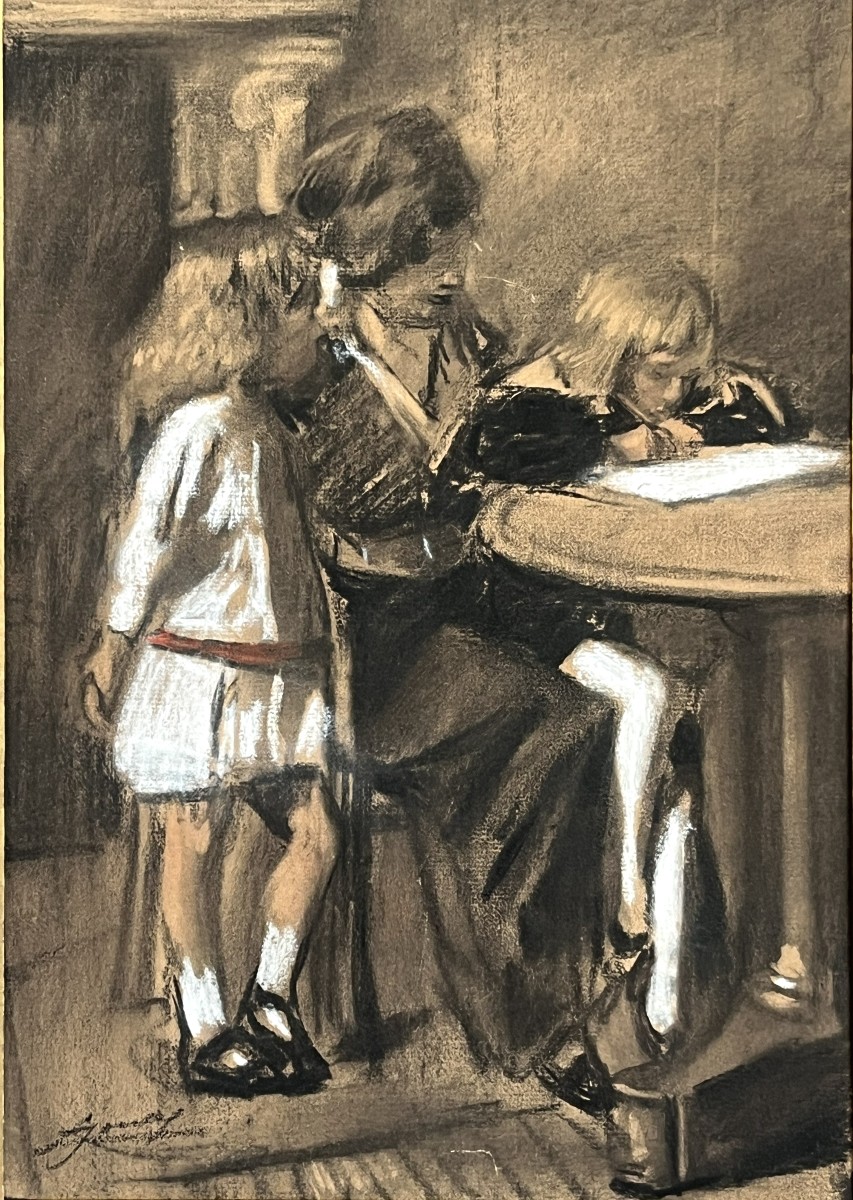 Lucien Jonas 1880/1947 The Writing Lesson, Charcoal And Gouache Drawing Circa 1900-photo-3