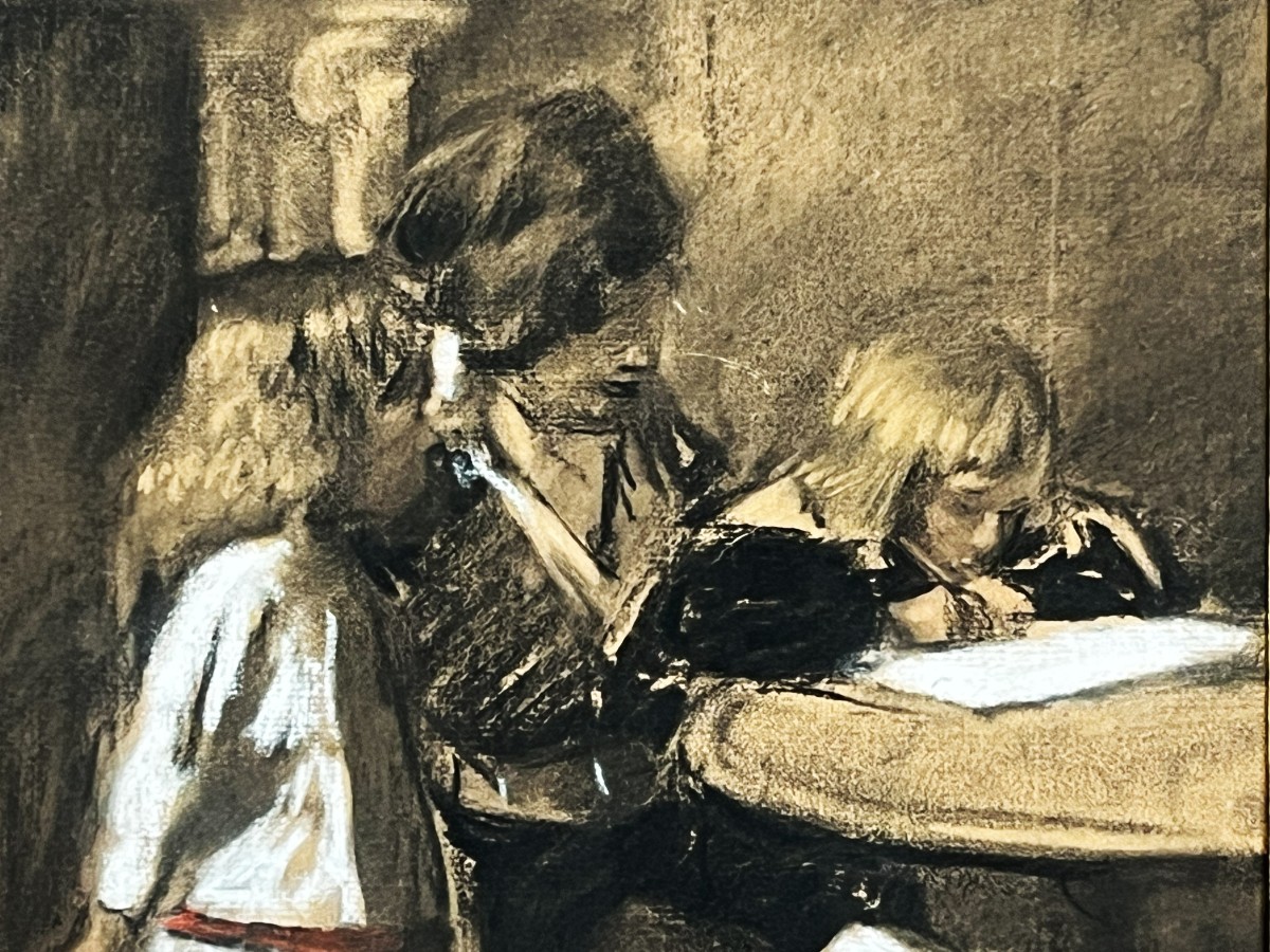 Lucien Jonas 1880/1947 The Writing Lesson, Charcoal And Gouache Drawing Circa 1900-photo-1