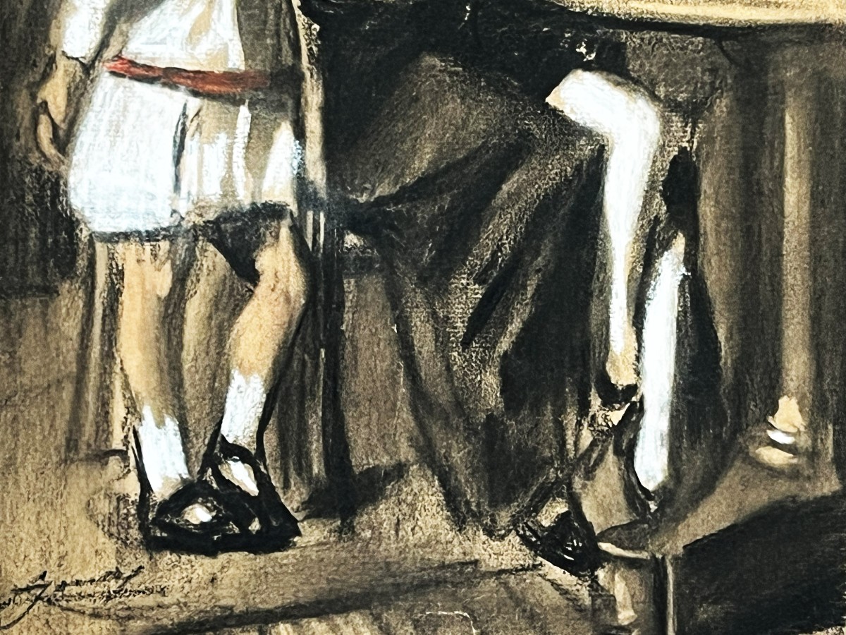 Lucien Jonas 1880/1947 The Writing Lesson, Charcoal And Gouache Drawing Circa 1900-photo-2