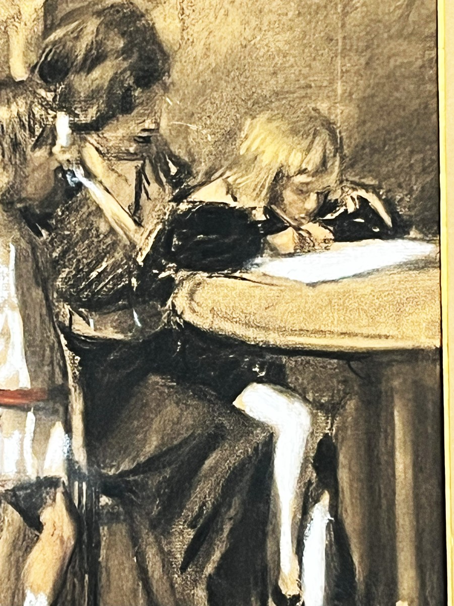 Lucien Jonas 1880/1947 The Writing Lesson, Charcoal And Gouache Drawing Circa 1900-photo-3