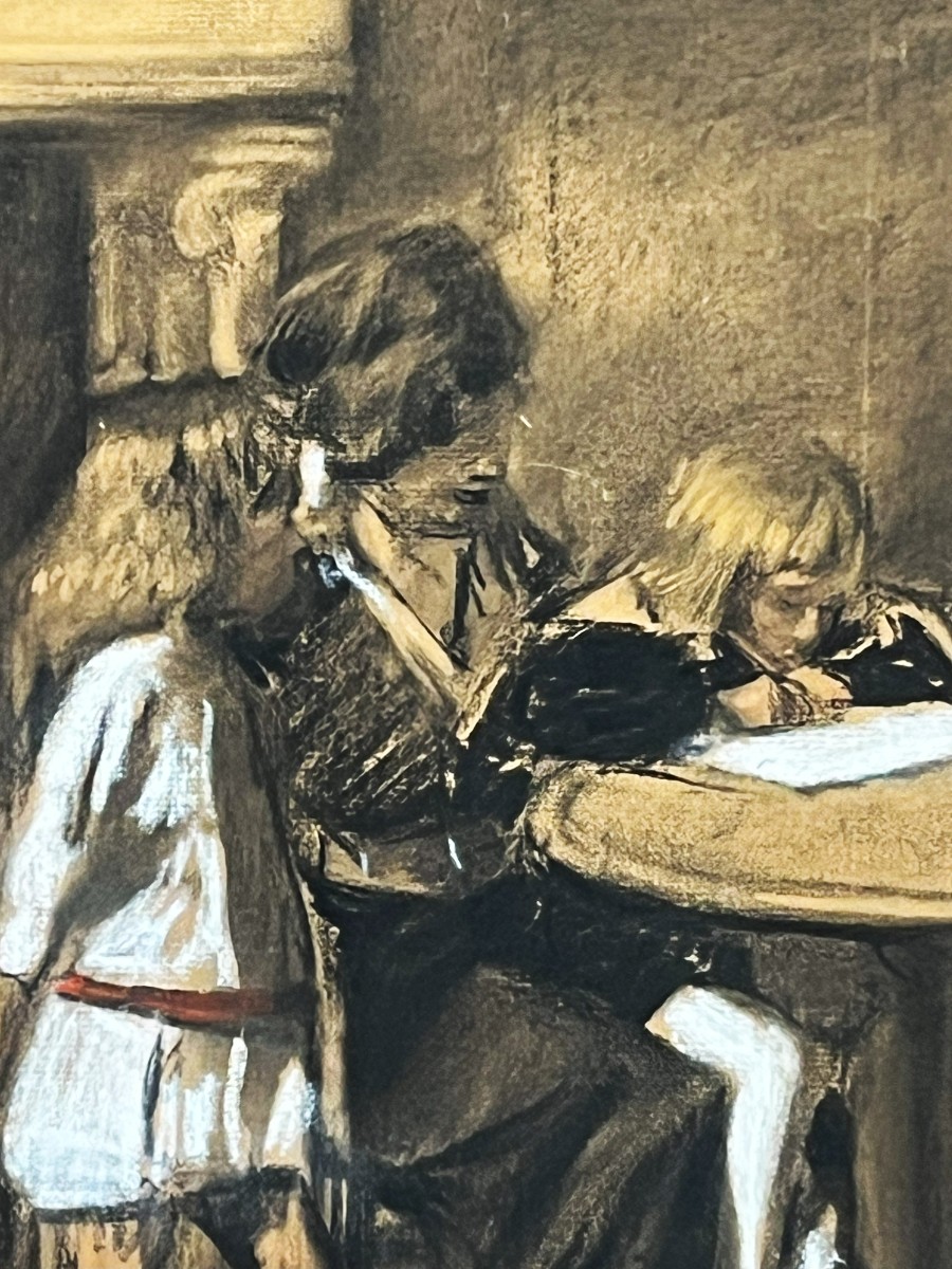 Lucien Jonas 1880/1947 The Writing Lesson, Charcoal And Gouache Drawing Circa 1900-photo-4
