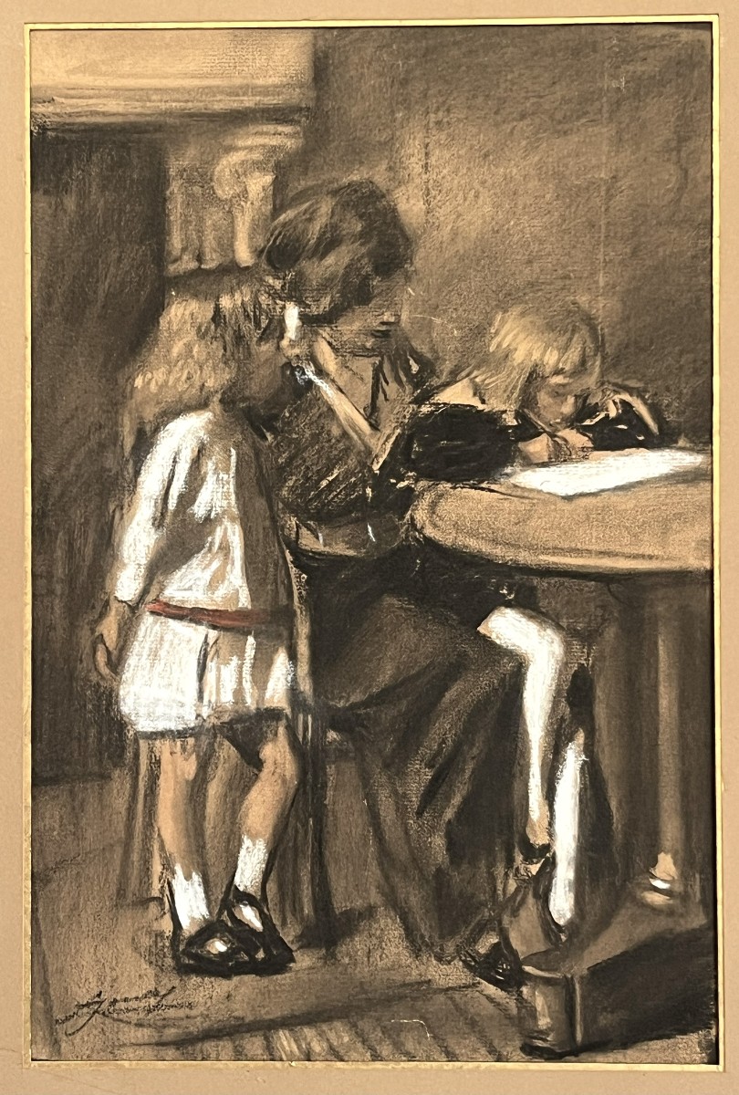 Lucien Jonas 1880/1947 The Writing Lesson, Charcoal And Gouache Drawing Circa 1900