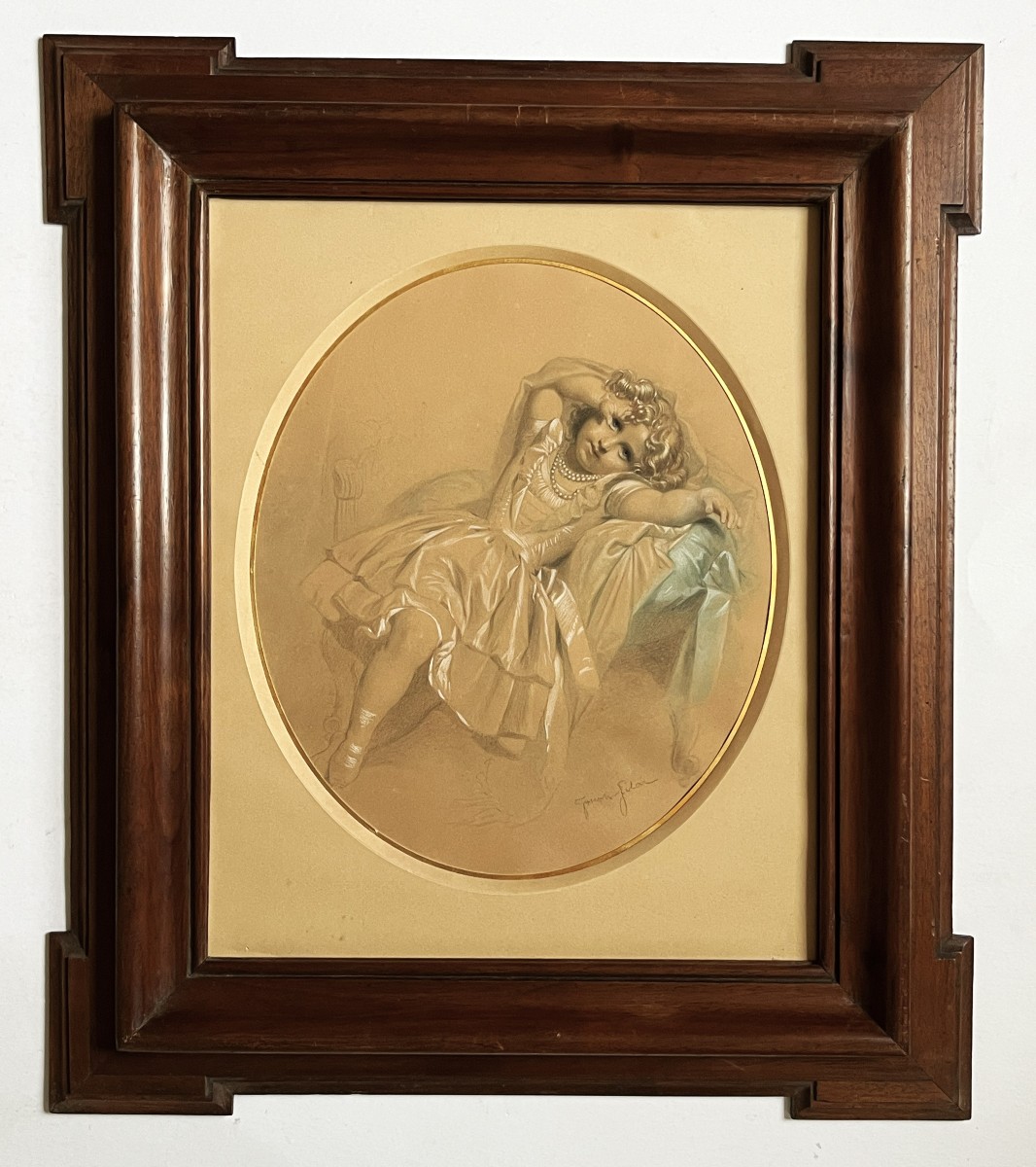 Joseph Félon 1818/1897 "little Girl With A Necklace" Pencil And Pastel Drawing-photo-3