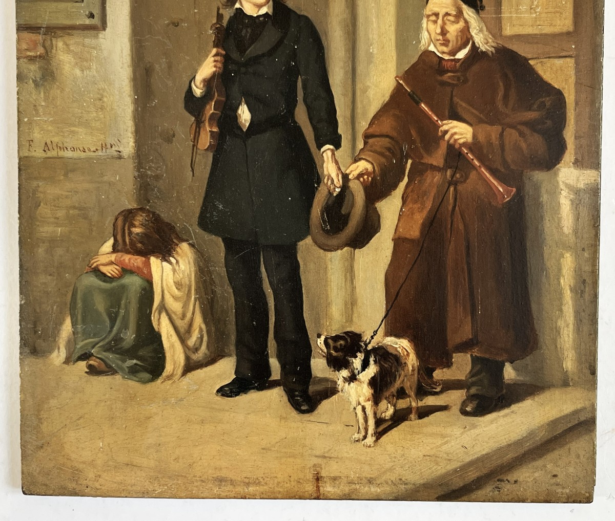 The Musician's Charity, 19th Century Oil On Panel, Signed.-photo-3