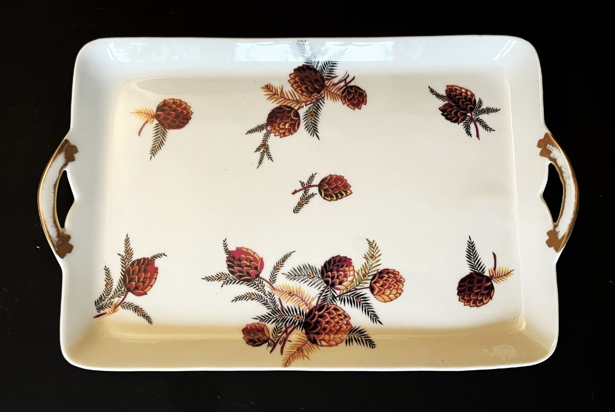 Six Limoges Porcelain Cream Pots Decorated With Pine Cones, With A Tray-photo-6