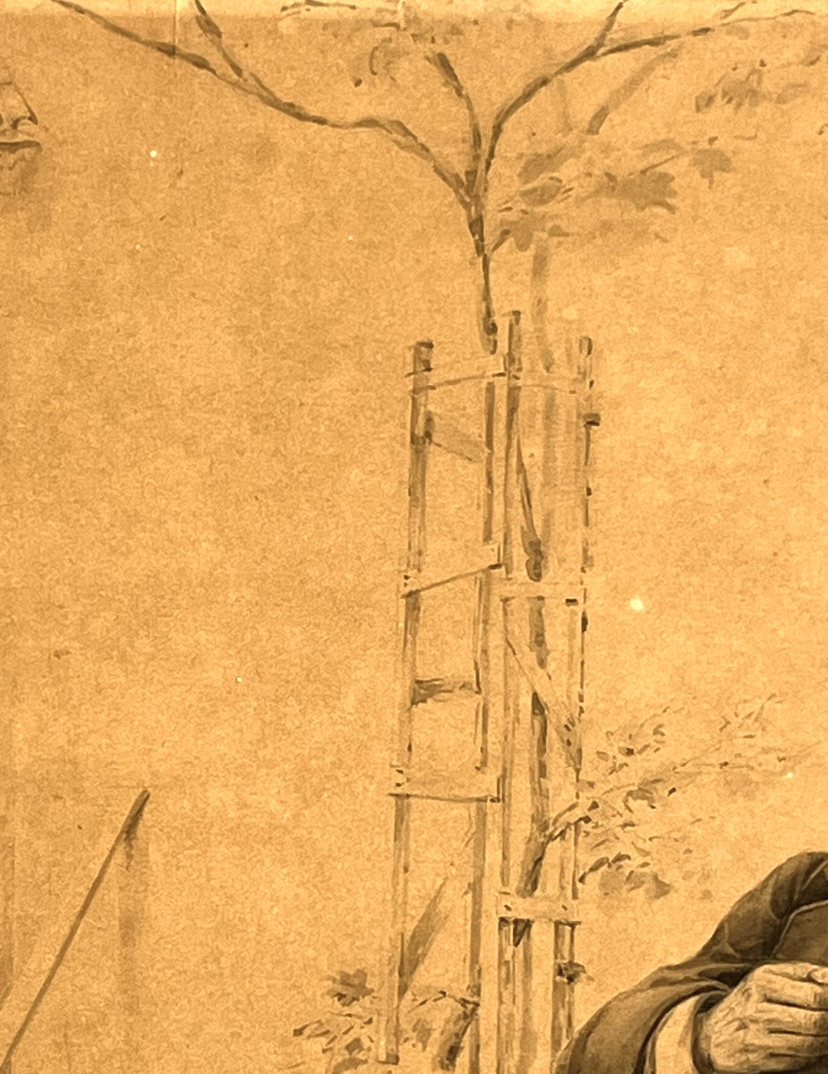 Mage Edouard Mathurin, Painter From Périgord, Wash Drawing "the Peasant And His Hens," Late 19th Century-photo-2