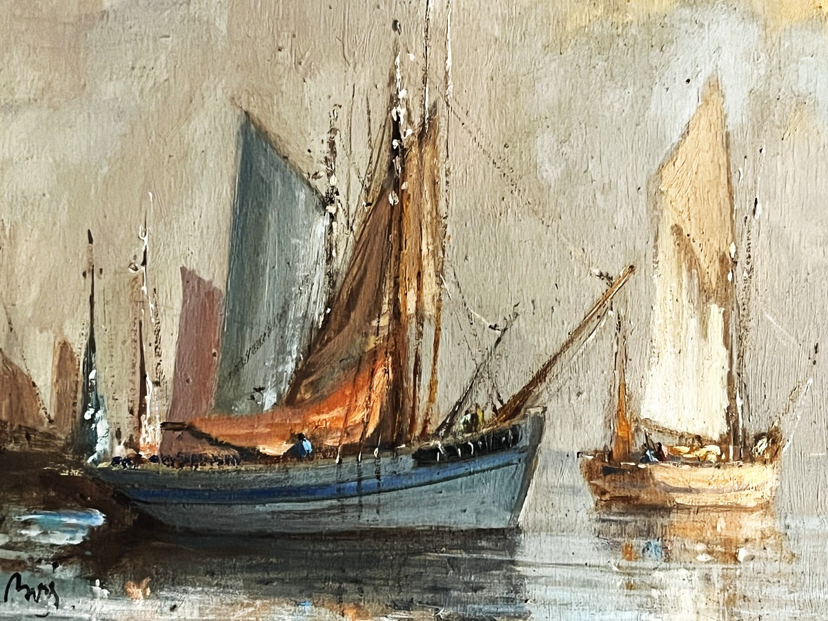 Thoniers Bretons, par Martial Boré vers 1930, huile sur panneau.-photo-3