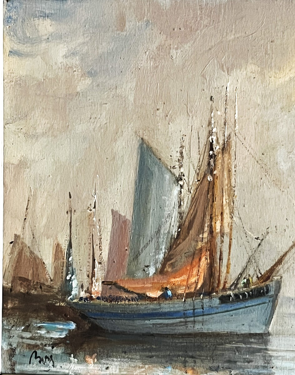 Thoniers Bretons, par Martial Boré vers 1930, huile sur panneau.-photo-4