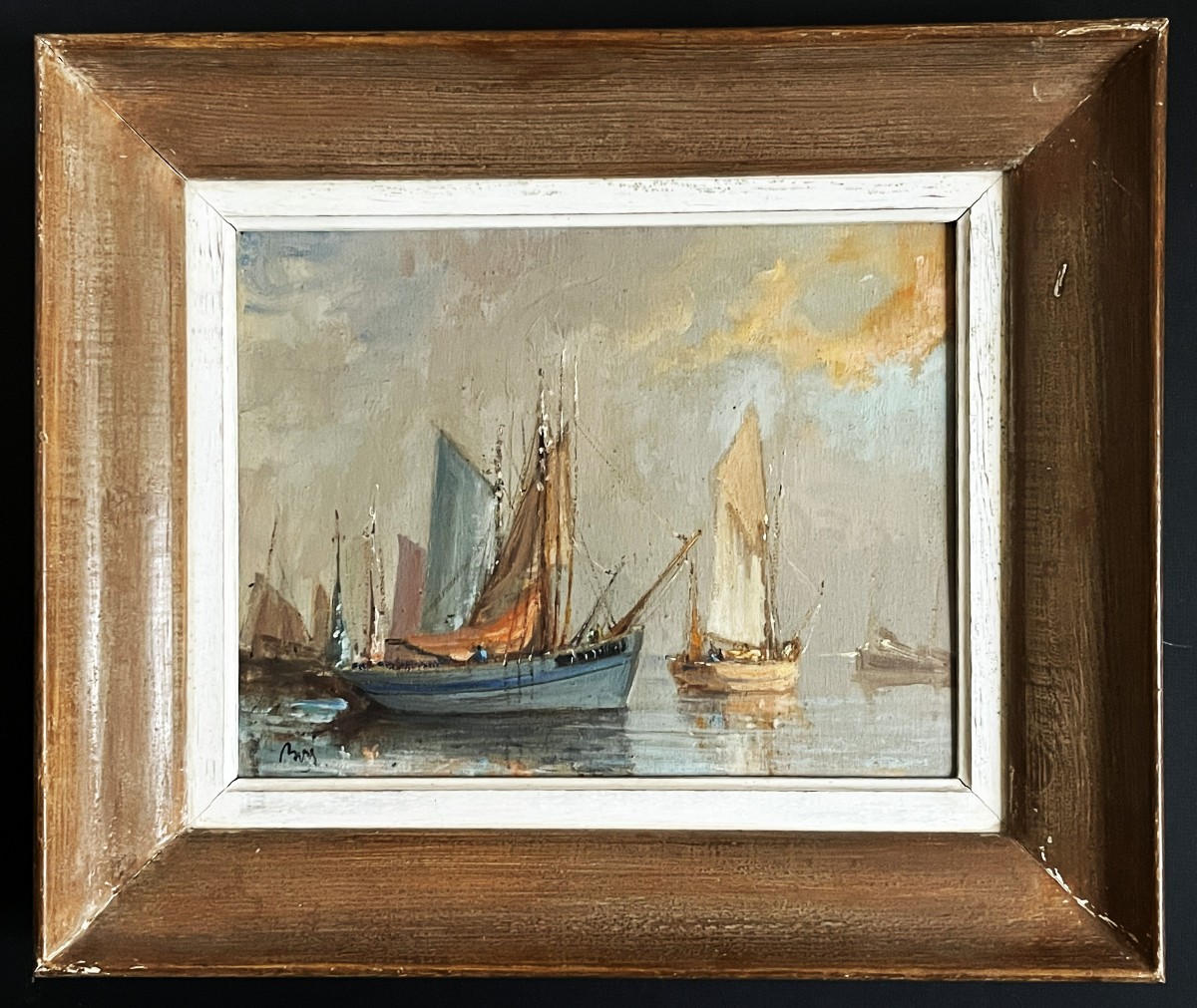 Thoniers Bretons, par Martial Boré vers 1930, huile sur panneau.-photo-3