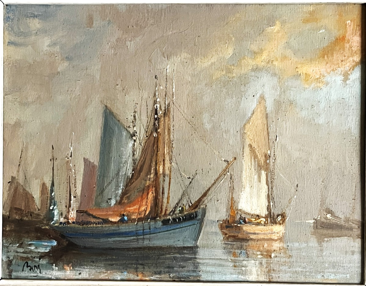 Thoniers Bretons, par Martial Boré vers 1930, huile sur panneau.