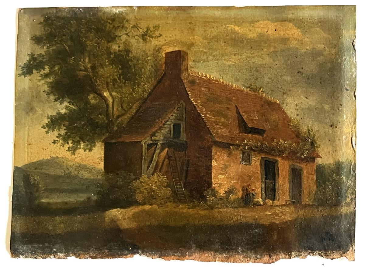 Oil On Paper Dated 1808 And Monogrammed "la Chaumière"-photo-1