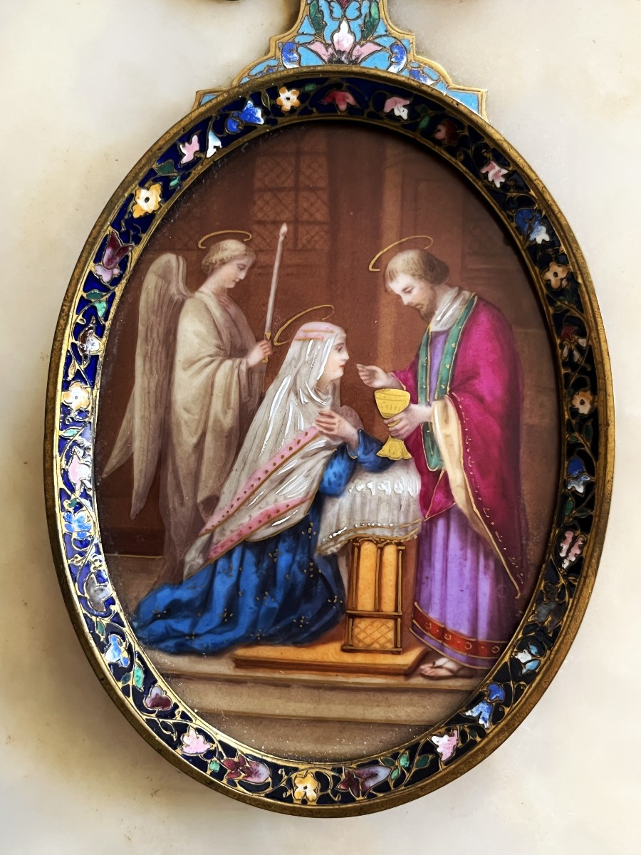 Bénitier en porcelaine peinte, émaux, onyx et bronze, daté 1891-photo-2