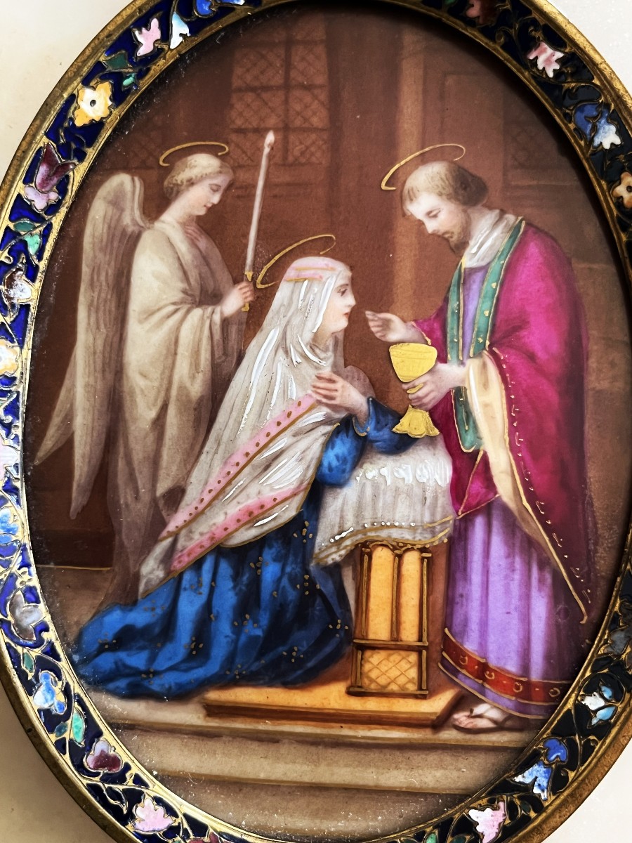 Bénitier en porcelaine peinte, émaux, onyx et bronze, daté 1891-photo-3