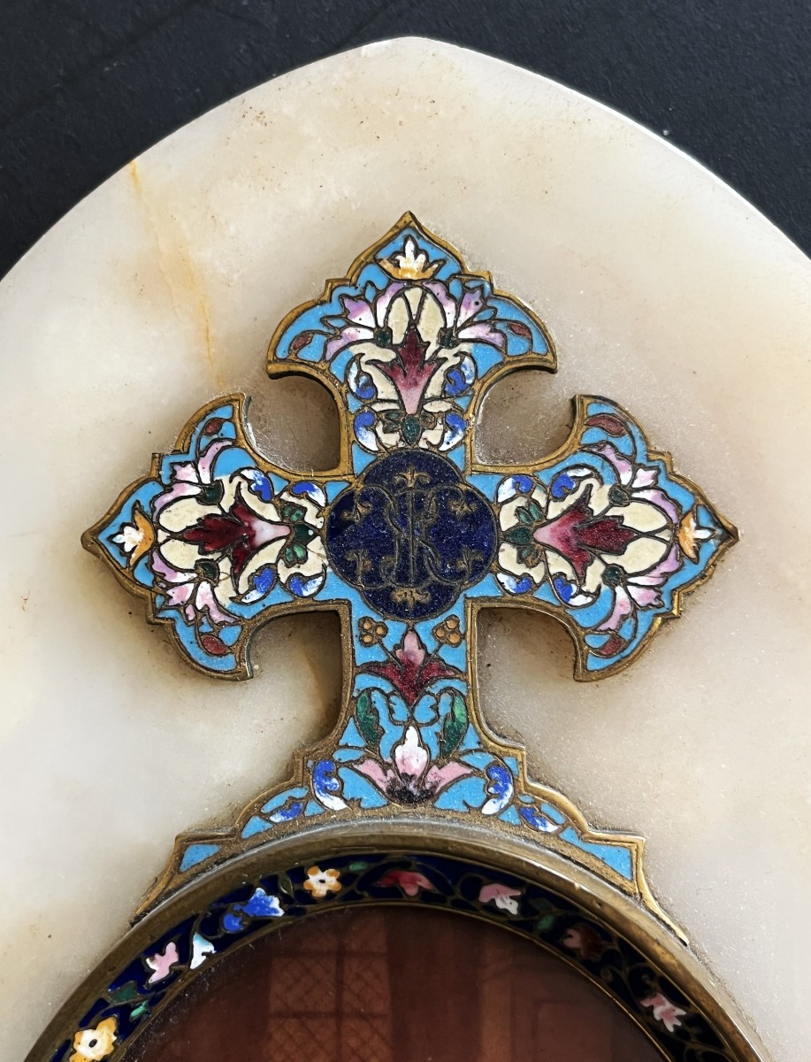 Bénitier en porcelaine peinte, émaux, onyx et bronze, daté 1891-photo-1