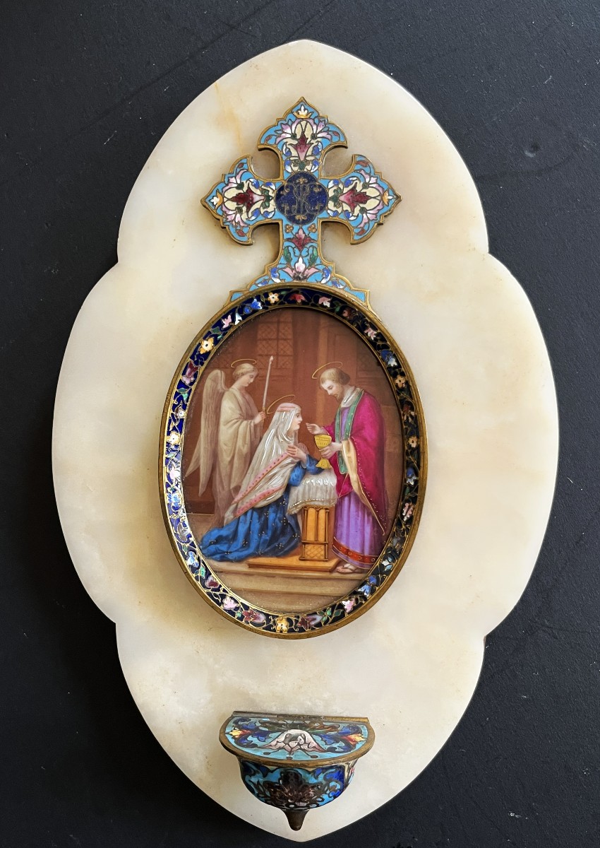 Bénitier en porcelaine peinte, émaux, onyx et bronze, daté 1891-photo-2