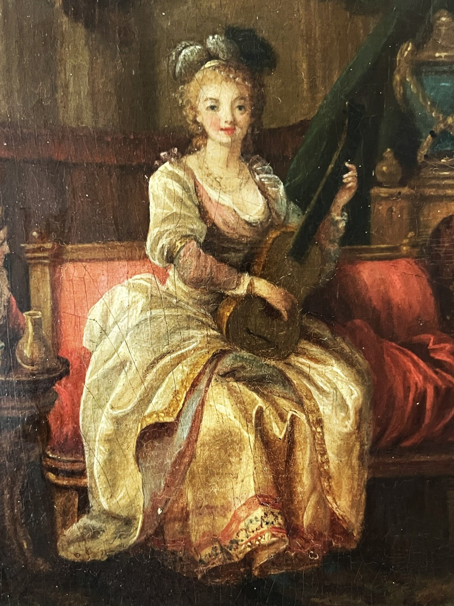 Ecole Française du XVIII ème, "la guitariste" huile sur panneau.-photo-2