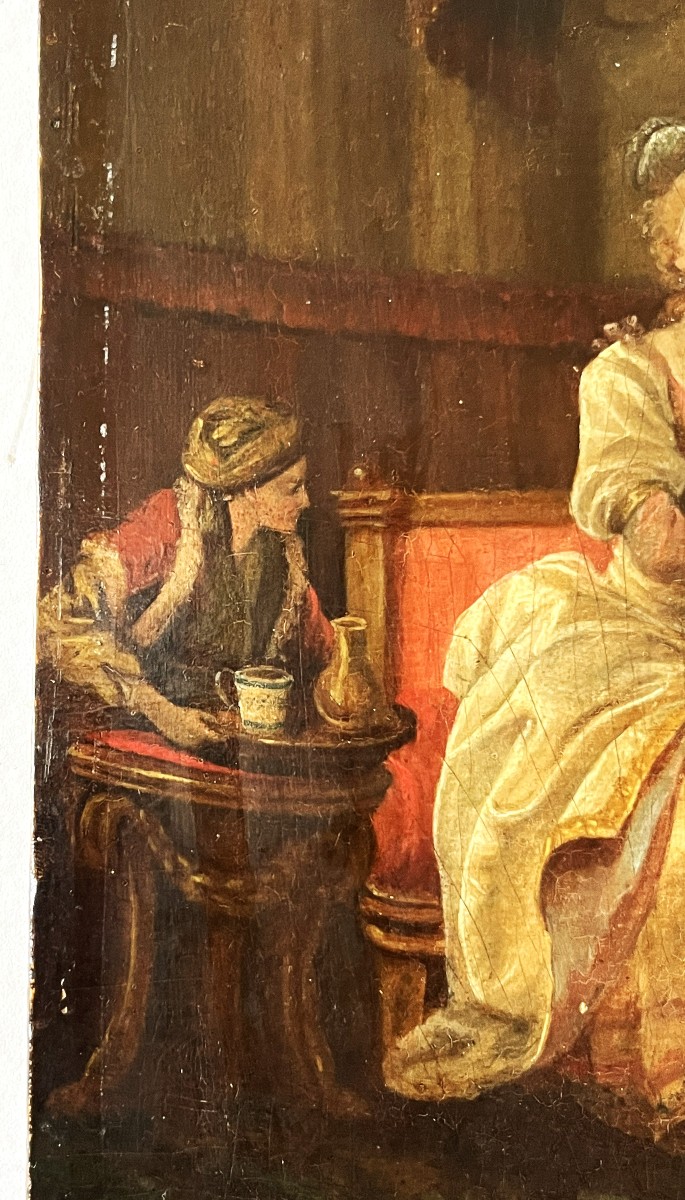 Ecole Française du XVIII ème, "la guitariste" huile sur panneau.-photo-2