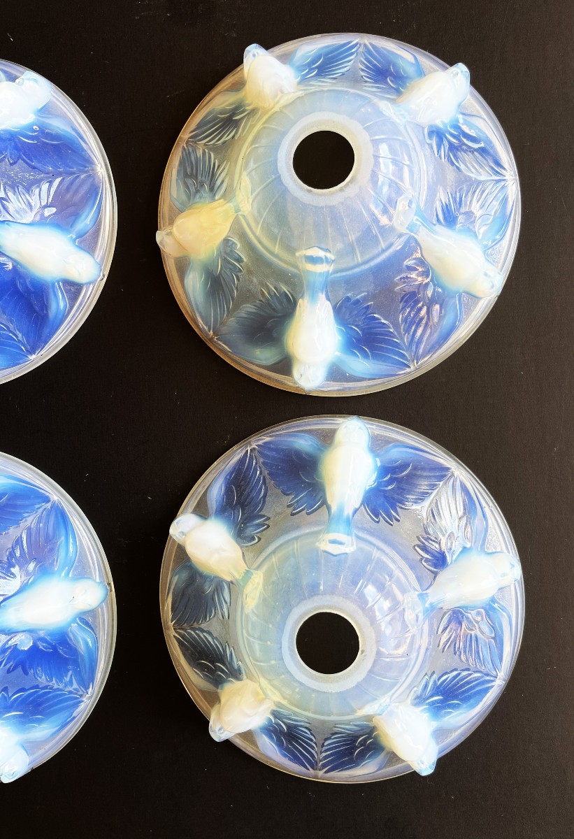 Boris Lacroix, six grandes tulipes art déco en verre opalescent à décor de perruches-photo-5