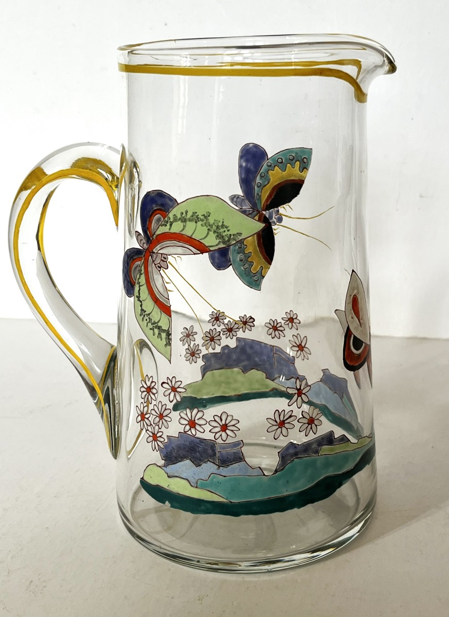 Art Deco Enameled Glass Pitcher With Butterfly Decoration-photo-2