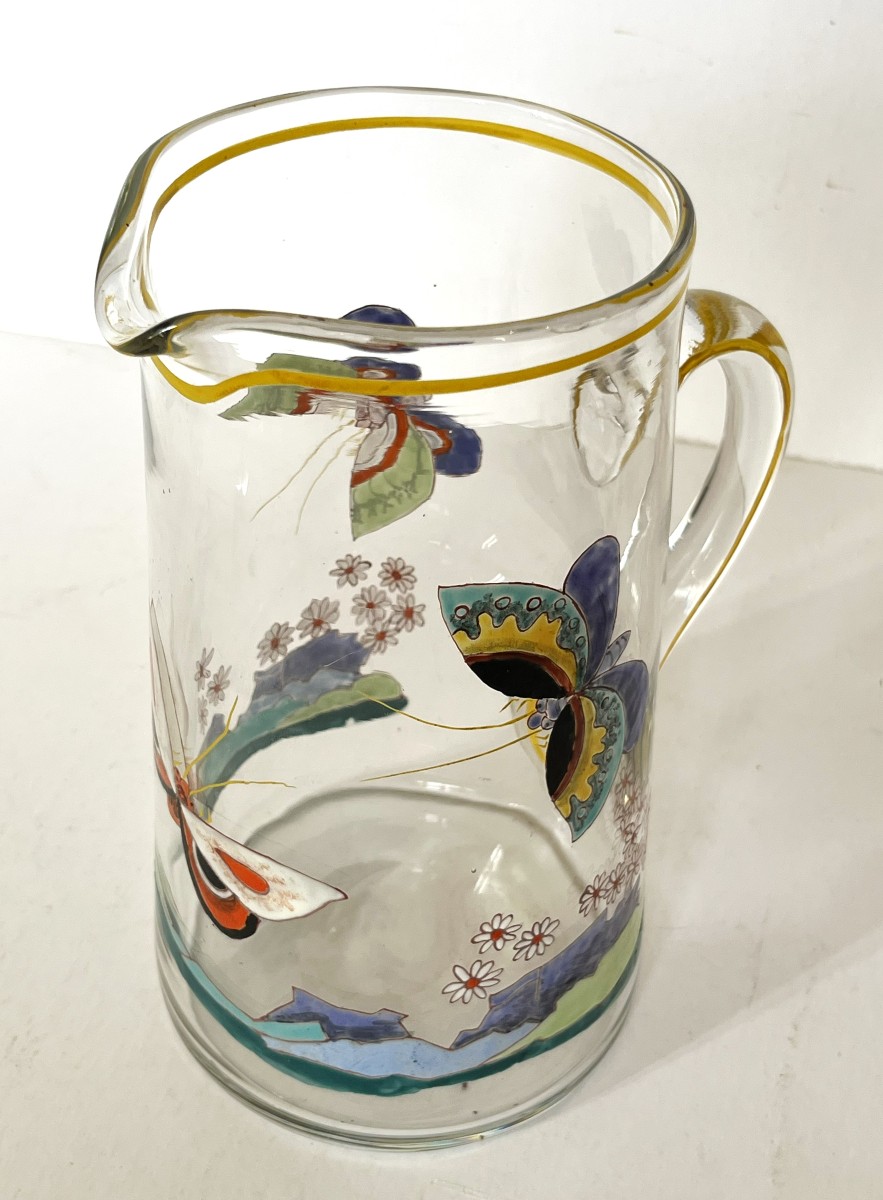 Art Deco Enameled Glass Pitcher With Butterfly Decoration-photo-3