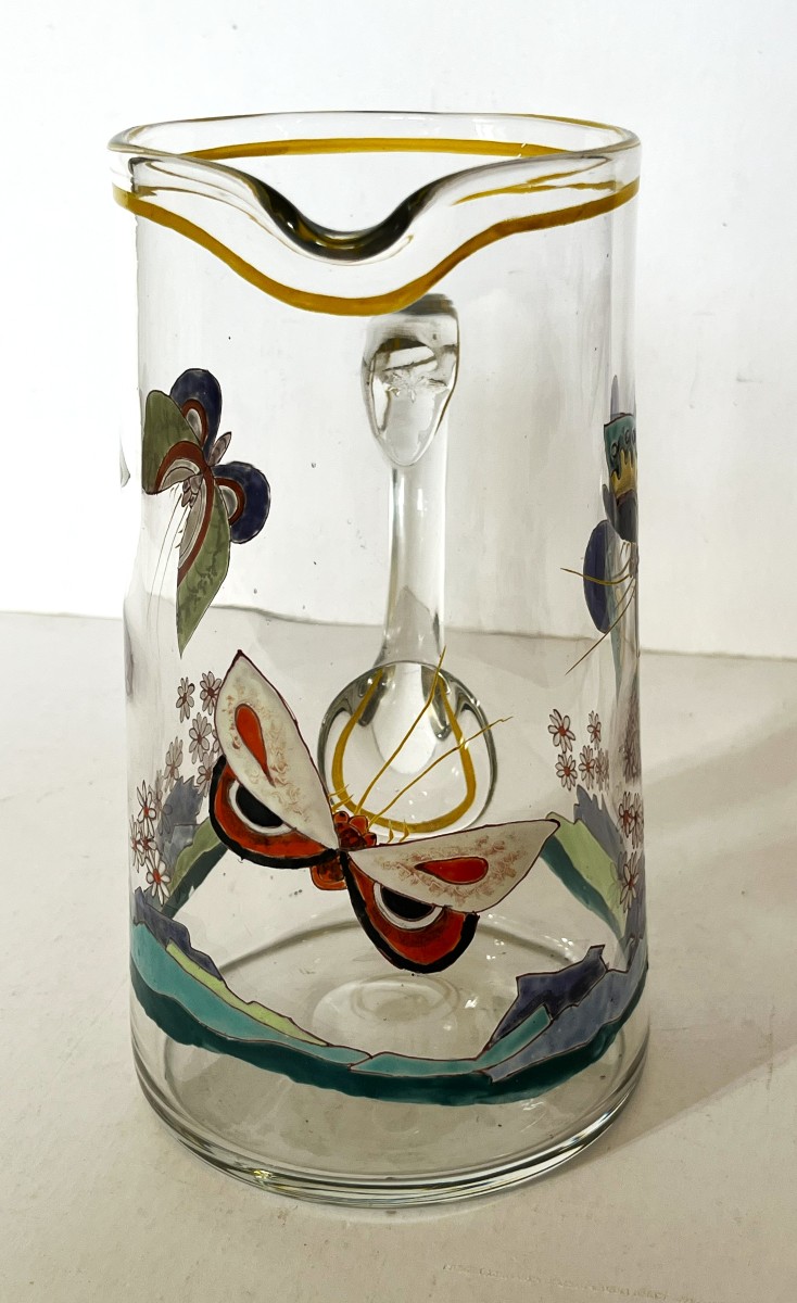 Art Deco Enameled Glass Pitcher With Butterfly Decoration-photo-1