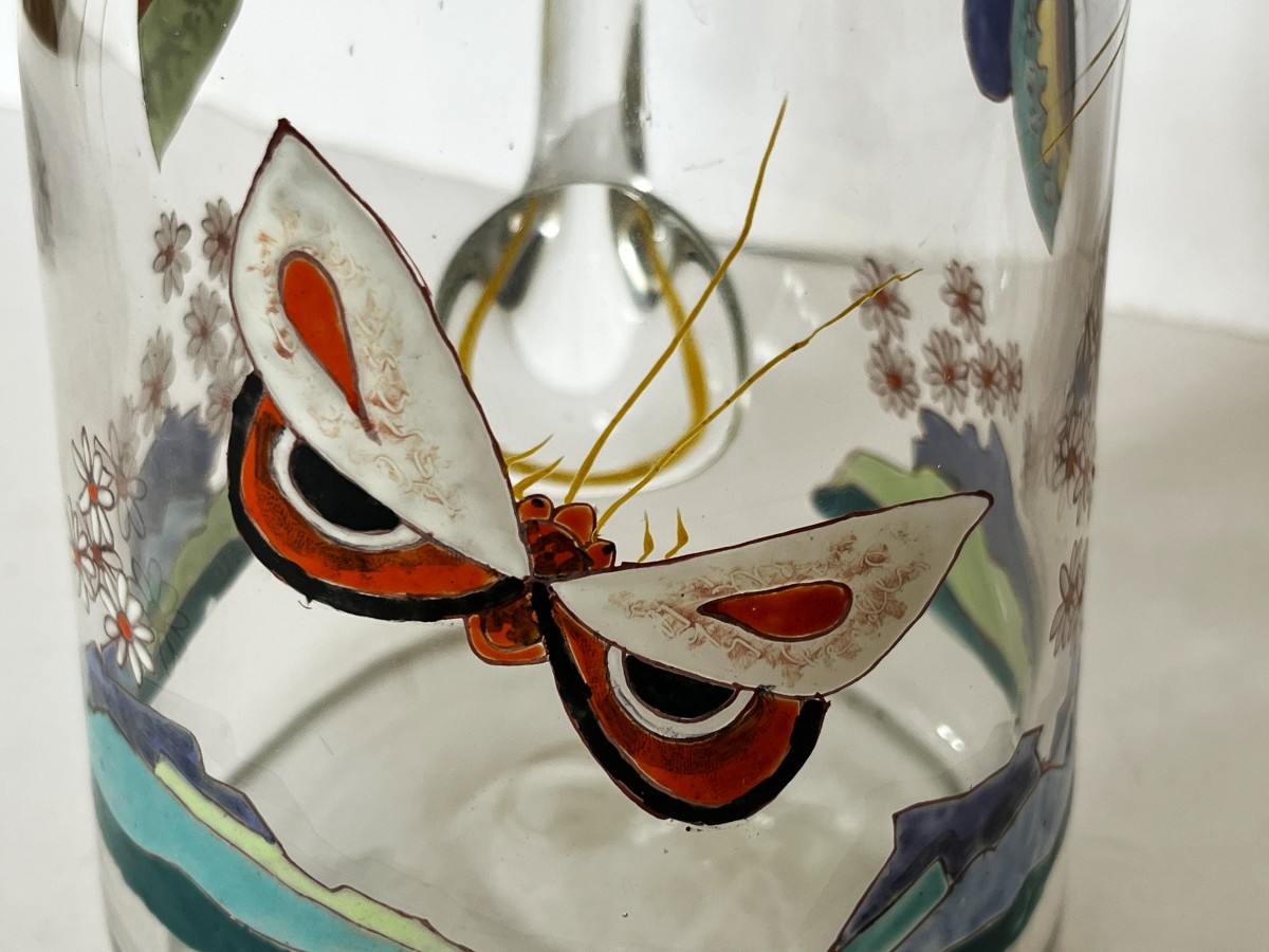 Art Deco Enameled Glass Pitcher With Butterfly Decoration-photo-2