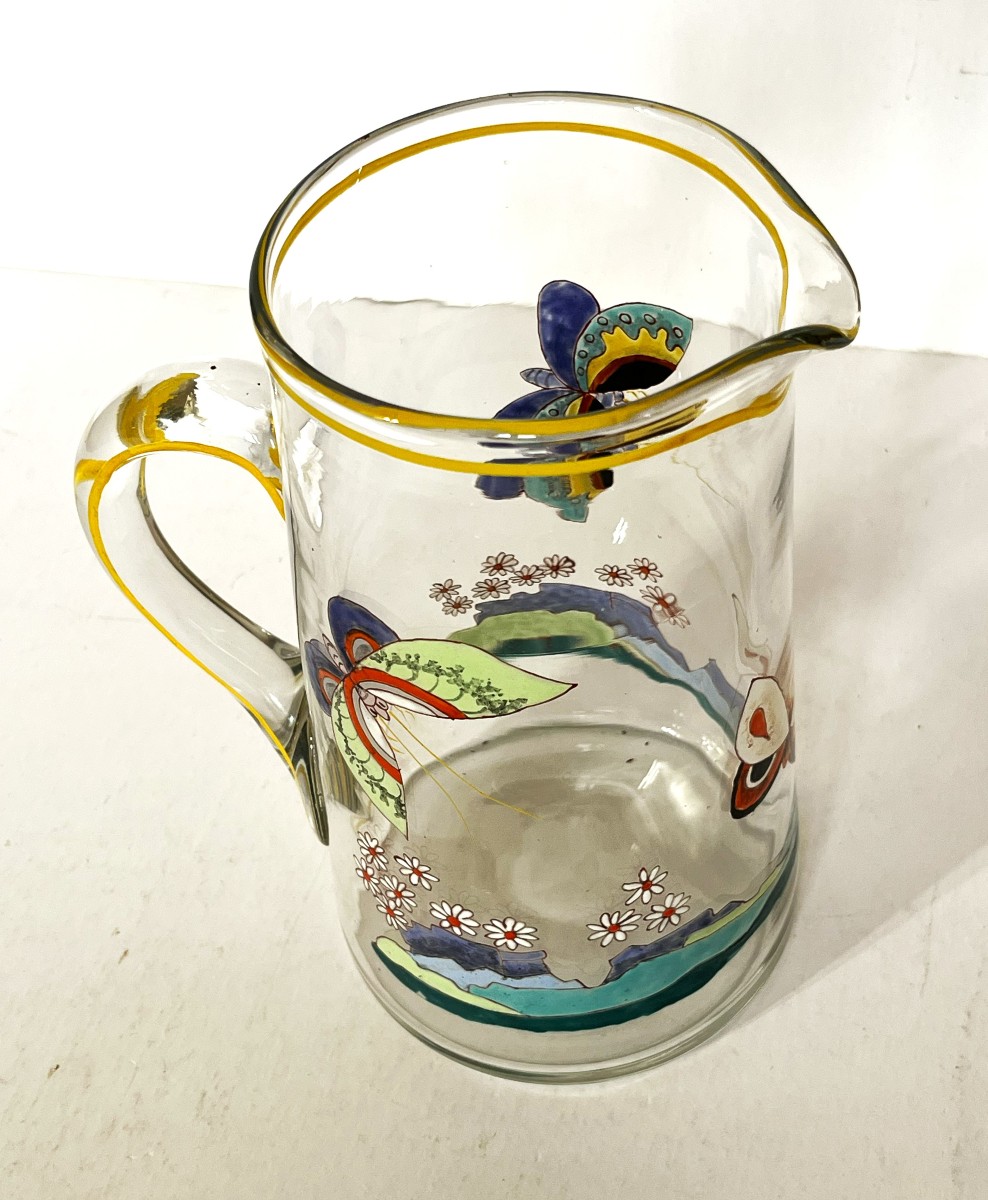 Art Deco Enameled Glass Pitcher With Butterfly Decoration-photo-3