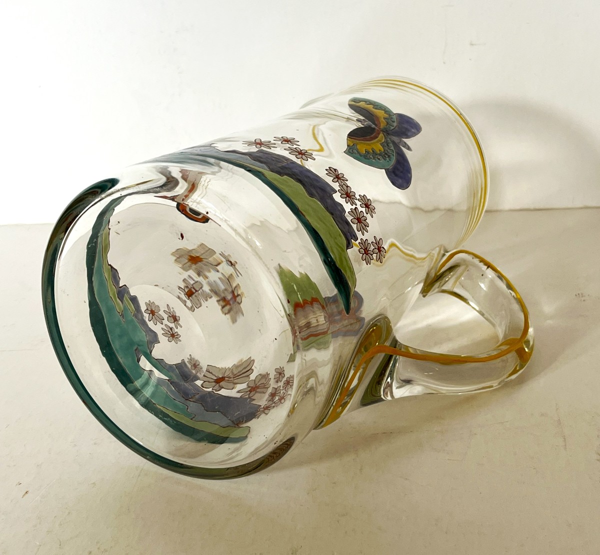 Art Deco Enameled Glass Pitcher With Butterfly Decoration-photo-6